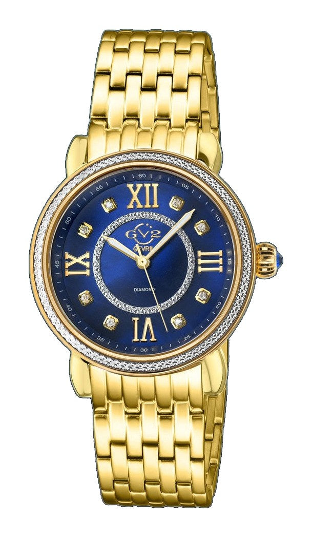 Marsala GV2 Women's Diamond Swiss Quartz Watch, White MOP dial, 8 Diamonds, SS Bracelet | Blue Dial