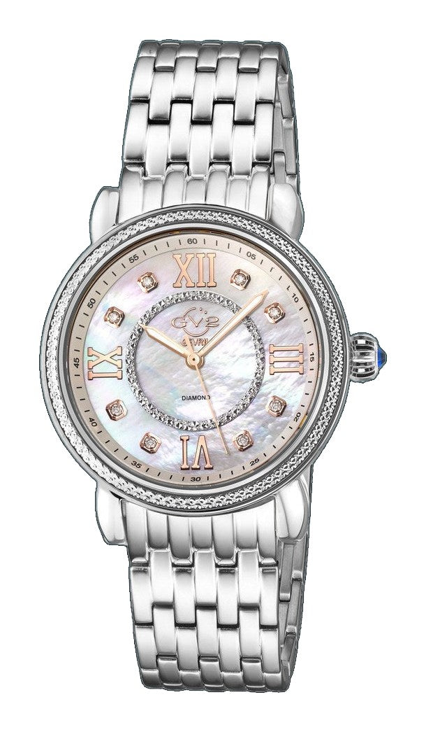 Marsala GV2 Women's Diamond Swiss Quartz Watch, White MOP dial, 8 Diamonds, SS Bracelet | White Dial