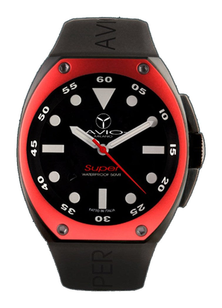 Avio Black, IP Black Rubber red bezel | Black Dial