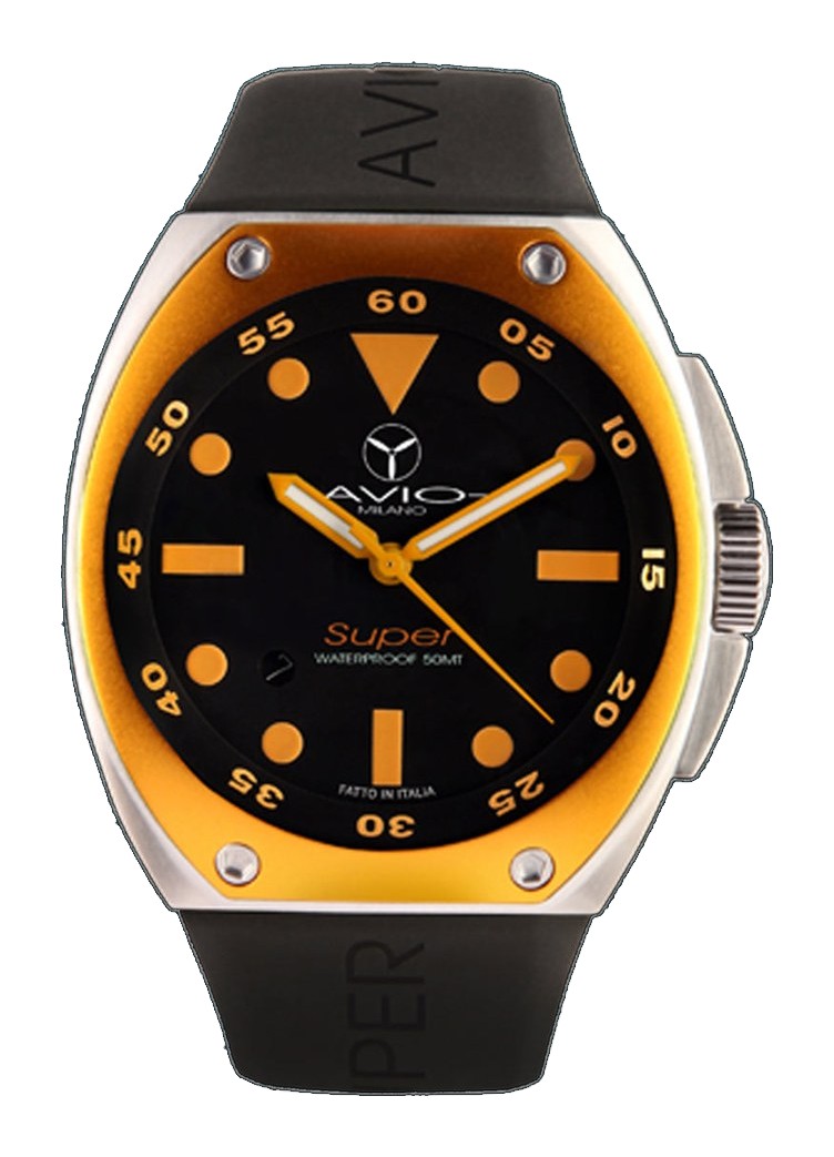 Avio Black, Black Rubber Orange bezel | Black Dial