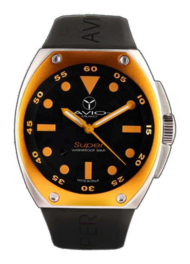 Avio Black, Black Rubber Orange bezel | Black Dial