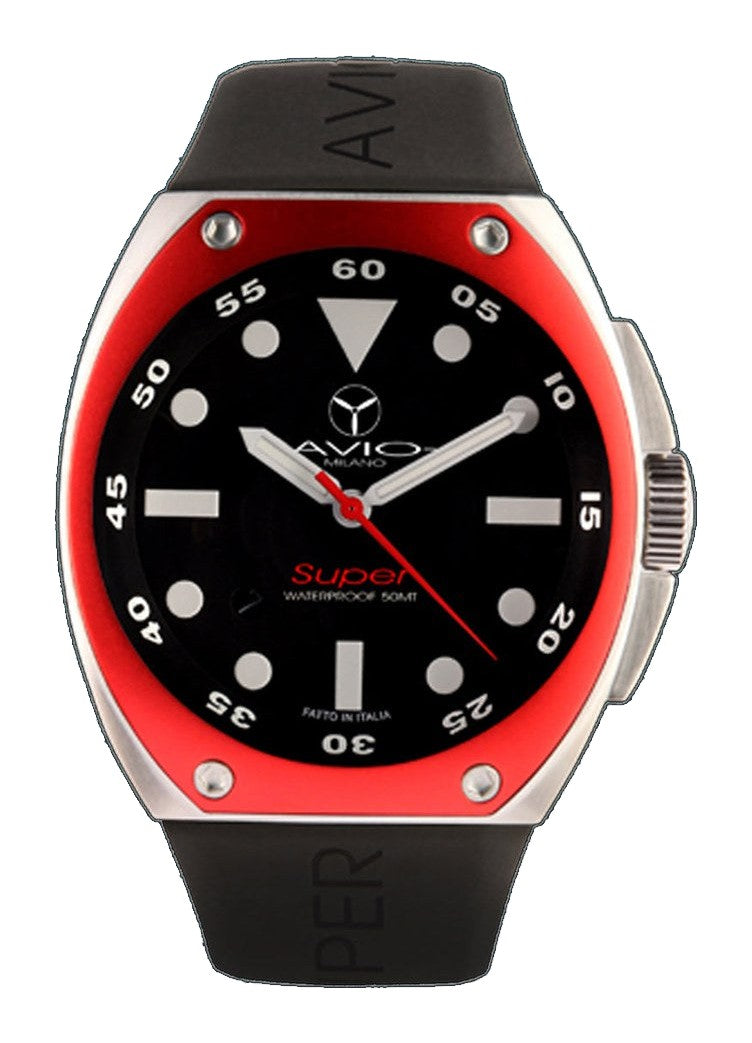 Avio Black, Black Rubber Red bezel | Black Dial