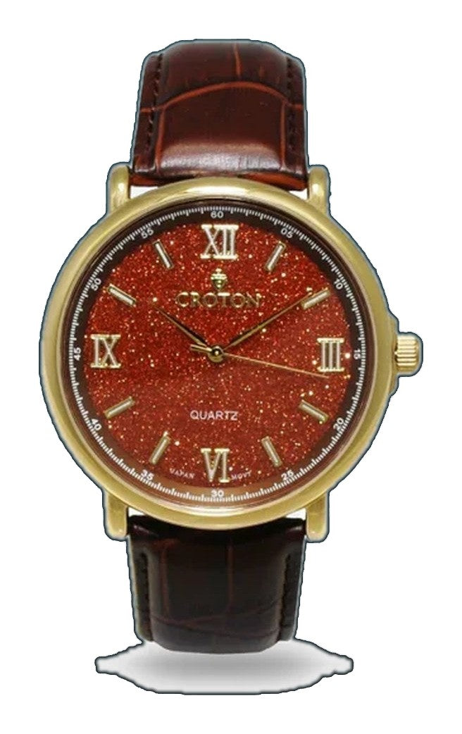 Men's Stainless Steel Quartz Watch with Rust Goldstone Glass Dial & Leather Strap