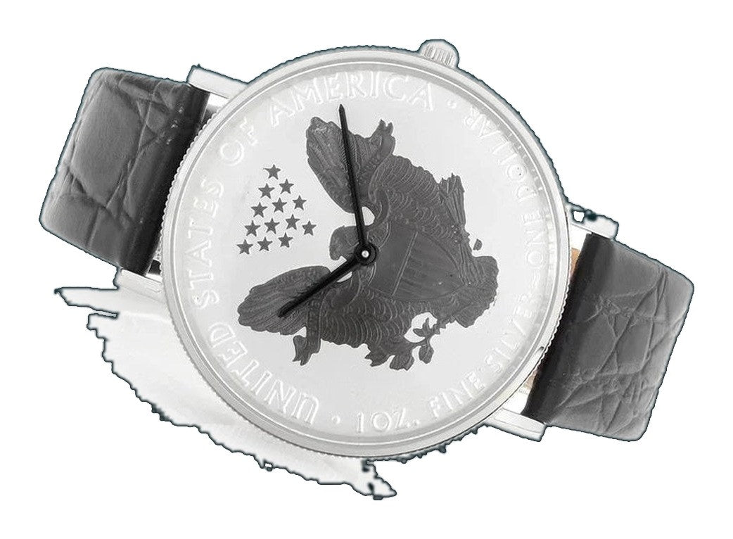 Men's Silvertone & Black 2017 Silver Dollar Coin Watch with Leather Strap  |  Dial