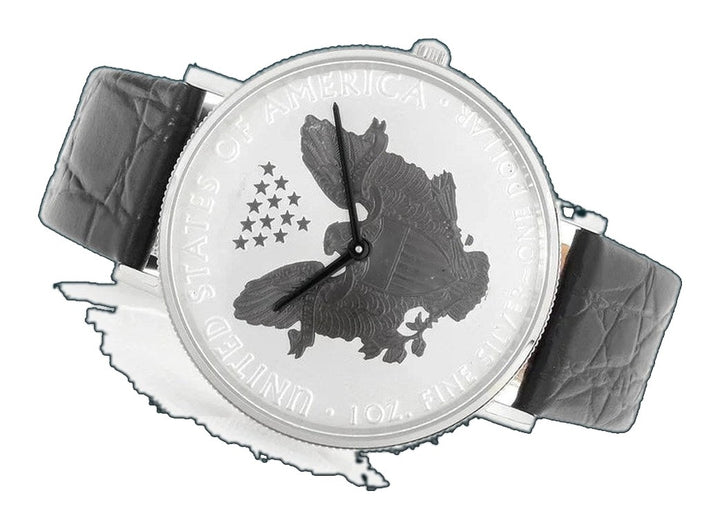 Men's Silvertone & Black 2017 Silver Dollar Coin Watch with Leather Strap  |  Dial