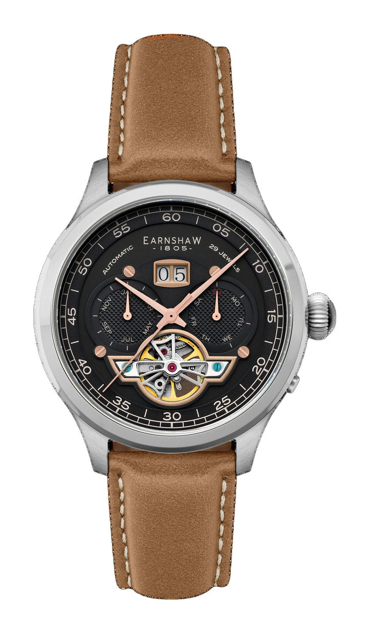 Baron Grand Date Calendar Open Heart Automatic Black / Brown Leather | Black Dial