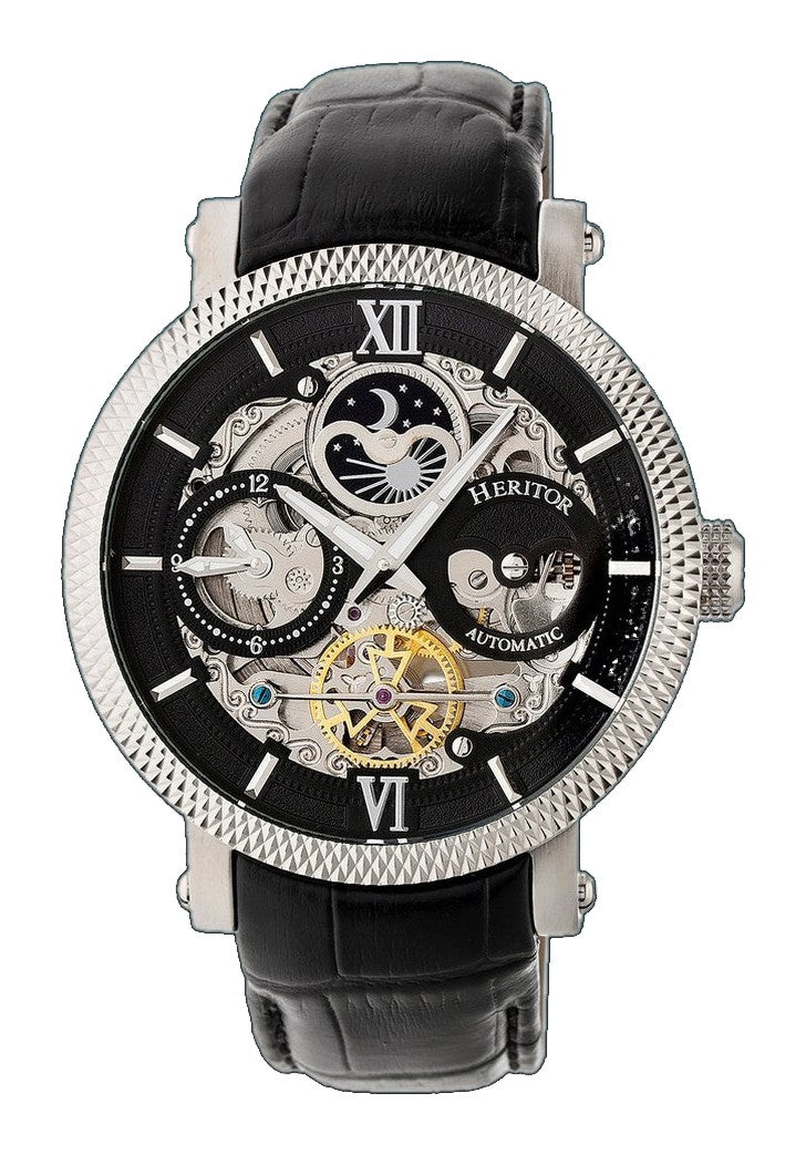 Automatic Aries Skeleton Leather Band Watch Black | Black Dial