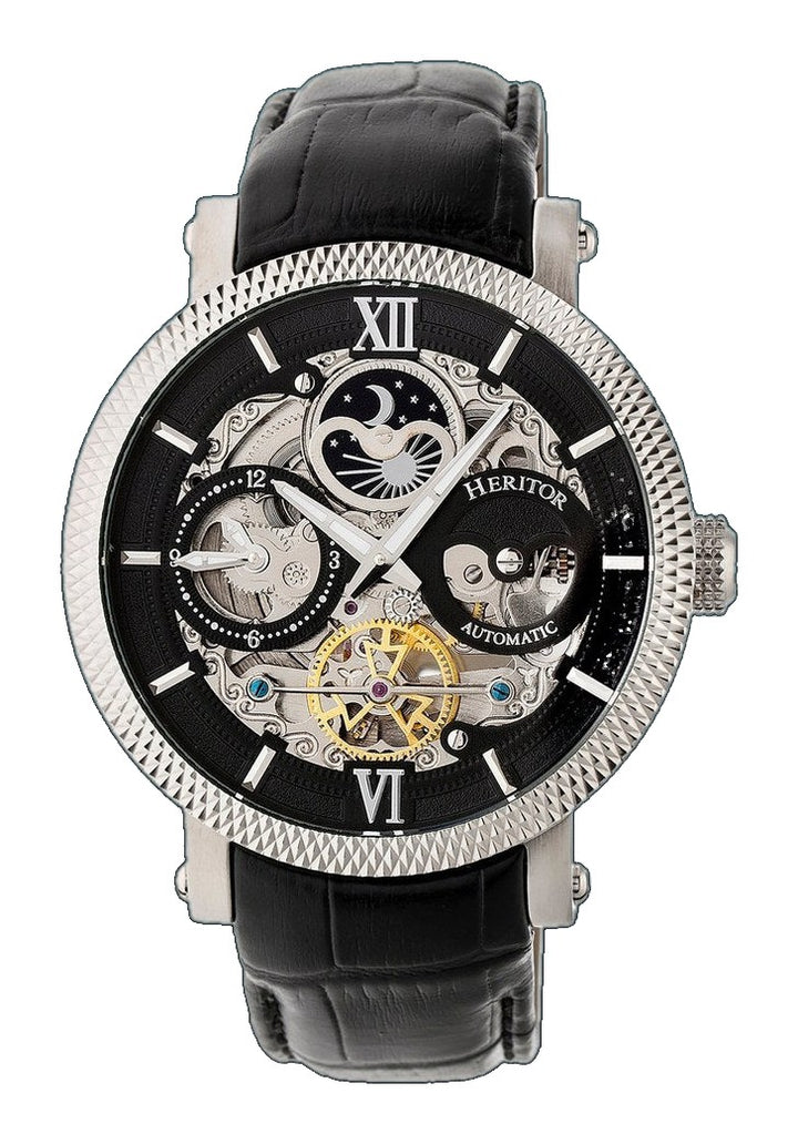 Automatic Aries Skeleton Leather Band Watch Black | Black Dial