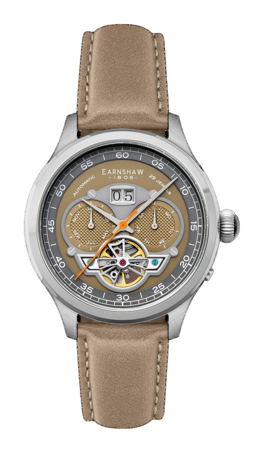 Baron Grand Date Calendar Open Heart Automatic Gray / Tan Leather | Gray Dial