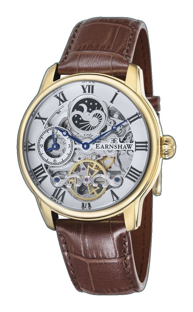 Longitude Automatic Skeleton Watch Silver White & Brown Gold / Genuine leather strap Silver Dial