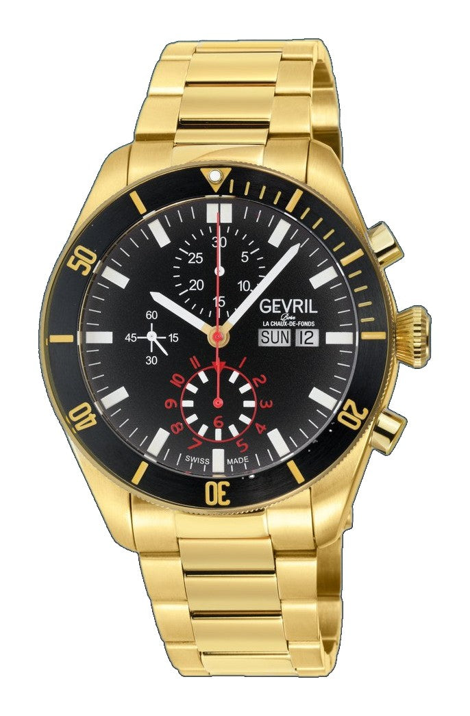 Yorkville - Chronograph Gevril Yorkville Swiss Automatic Chronograph  Watch, IPYG Case, Black/Gold bezel, Gray Dial, SS/IPYG Bracelet. | Gray Dial