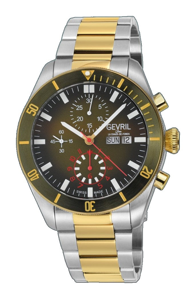 Yorkville - Chronograph Gevril Yorkville Swiss Automatic Chronograph  Watch, SS Case, Green/Gold bezel, Green Dial, SS/IPYG Bracelet. | Green Dial