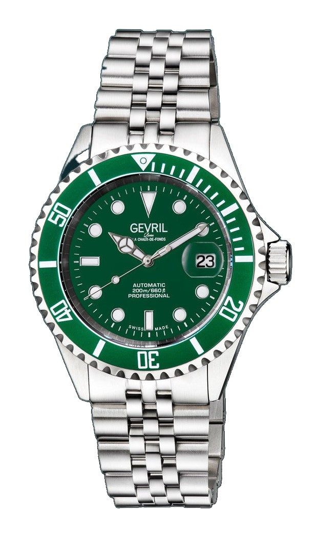 Wall Street Gevril Swiss Made SW200 Steel Rotating bezel Watch, 316L Case, Green DIal | Green Dial