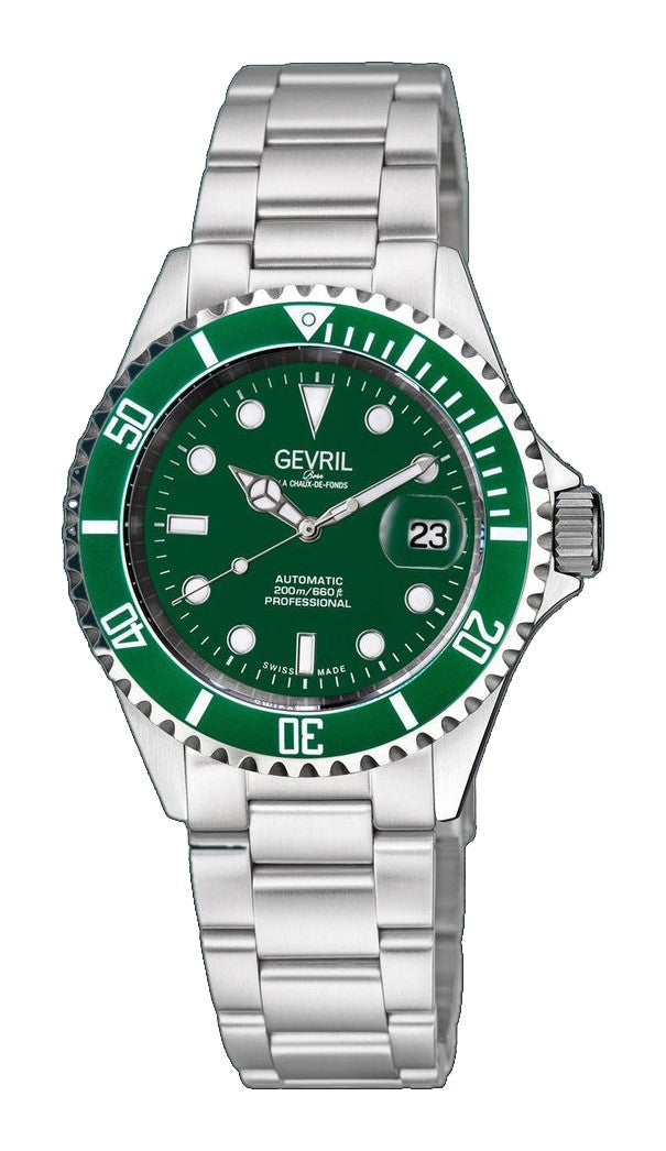 Wall Street Gevril Swiss Made SW200 Steel Rotating bezel Watch, 316L Case, Green DIal Green Dial