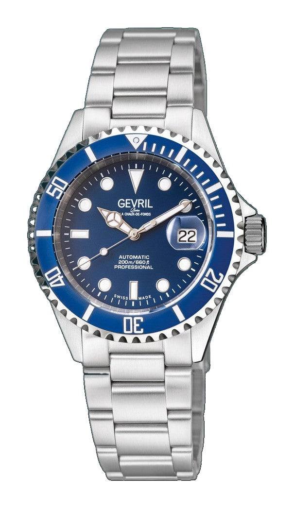 Wall Street Gevril Swiss Made SW200 Steel Rotating bezel Watch, 316L Case, Blue DIal | Blue Dial