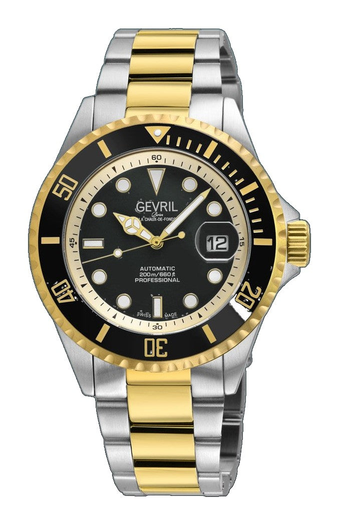 Wall Street Gevril Swiss Made SW200-1 Steel Rotating Black Ceramic Bezel , 316L case, Black Dial Black Dial