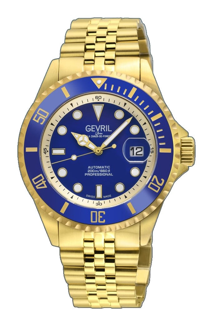 Wall Street Gevril Swiss Made SW200-1 Steel Rotating Blue Ceramic Bezel , 316L case, Blue Dial Blue Dial