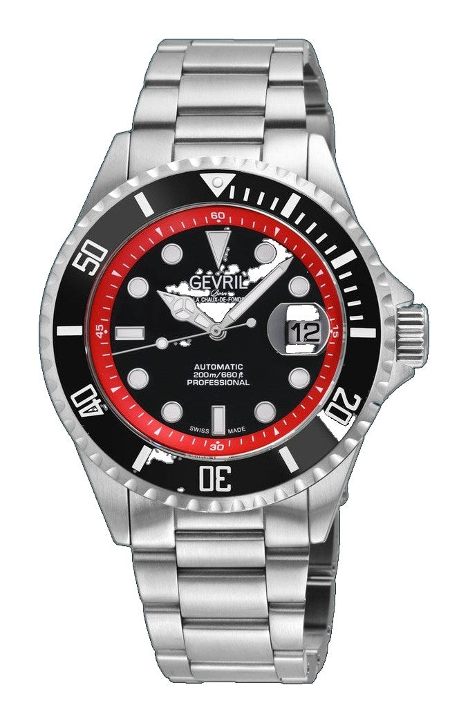 Wall Street Gevril Swiss Made SW200-1 Steel Rotating Black Ceramic Bezel , 316L case, Black Dial Black Dial