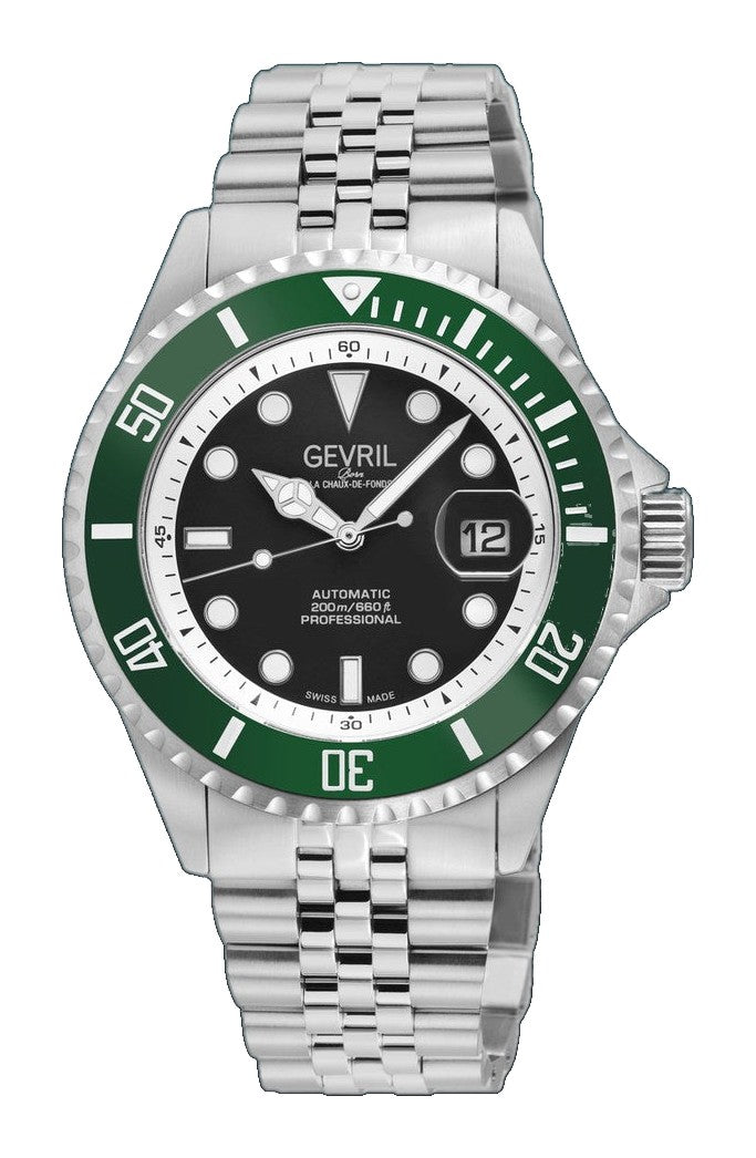 Wall Street Gevril Swiss Made SW200-1 Steel Rotating Green Ceramic Bezel , 316L case, Black Dial | Black Dial