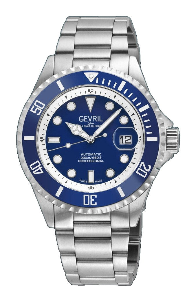 Wall Street Gevril Swiss Made SW200-1 Steel Rotating Blue Ceramic Bezel , 316L case, Blue Dial Blue Dial