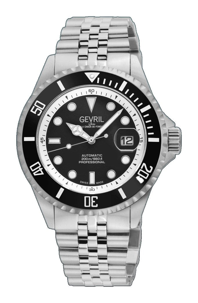 Wall Street Gevril Swiss Made SW200-1 Steel Rotating Black Ceramic Bezel , 316L case, Black Dial Black Dial