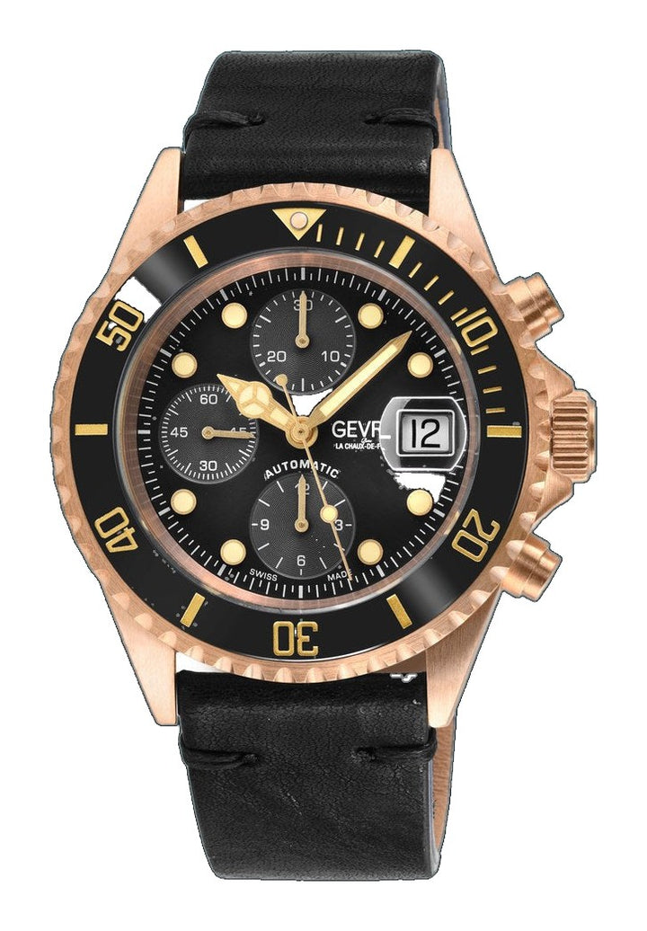 Wall Street - Bronze Gevril Swiss Automatic, Bronze case, Unidirectional Rotating Black Ceramic Bezel, Black Dial | Black Dial