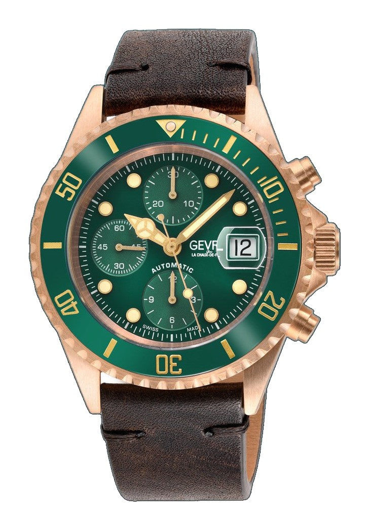 Wall Street - Bronze Gevril Swiss Automatic, Bronze case, Unidirectional Rotating Blue Ceramic Bezel, Midnight Blue Dial | Green Dial