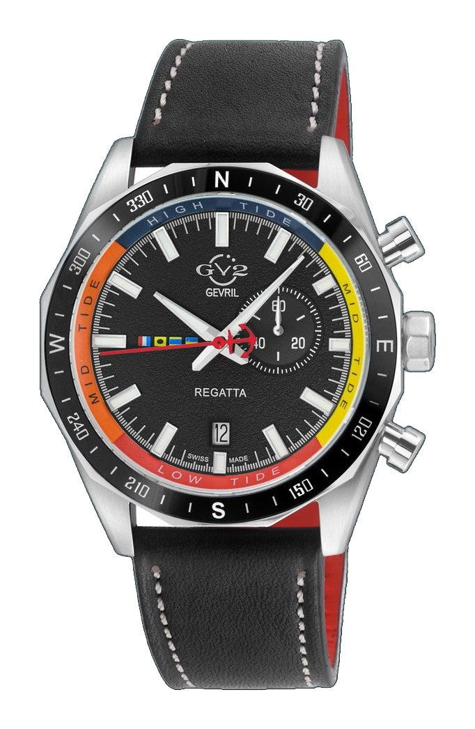 Regatta GV2 Swiss Quartz,Tide cycle indicator, Black dial, Black Italian Leather Strap | Black Dial
