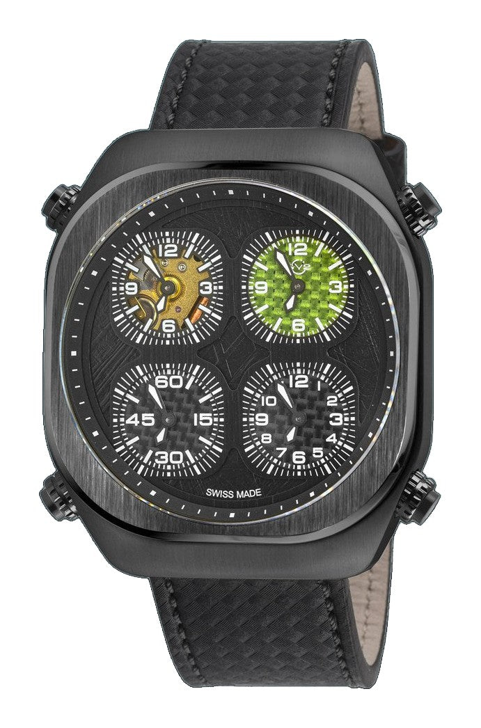 Quattro Zone GV2 Swiss Quartz, 316L Black Case, Black Bezel, Black dial, Sub Dials, Black Italian Leather Strap | Black Dial