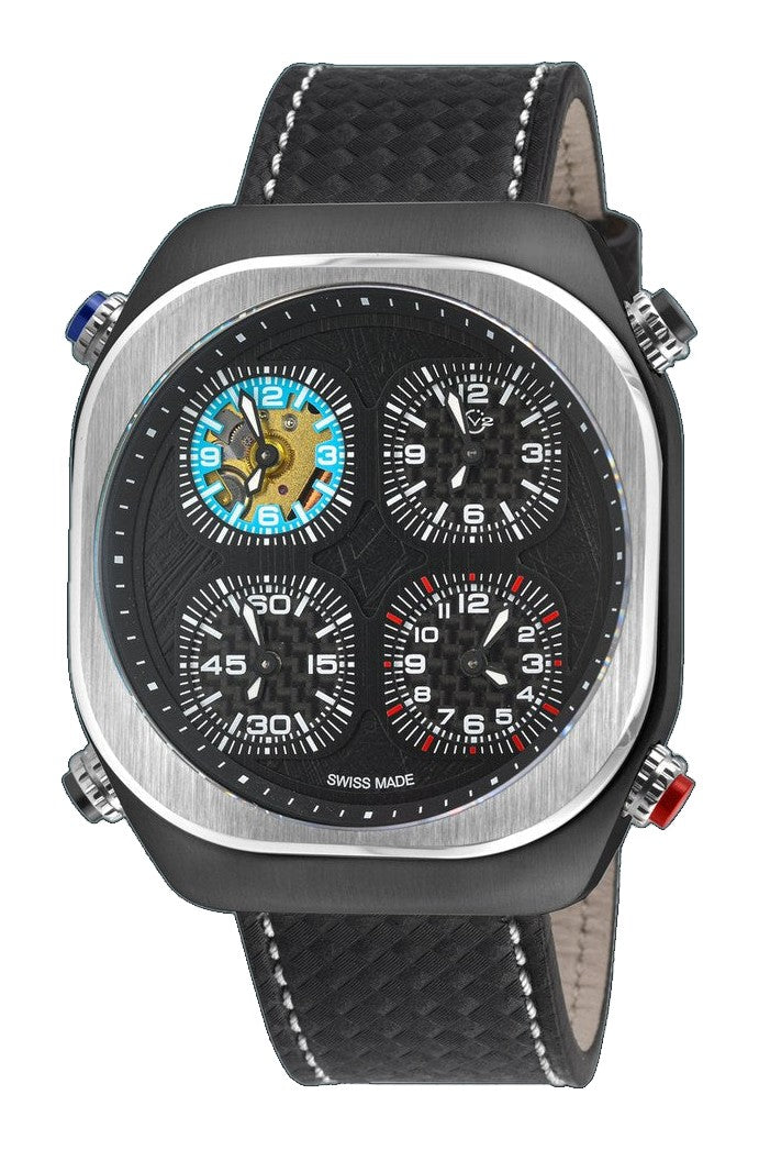 Quattro Zone GV2 Swiss Quartz, 316L Black Case, Silver Bezel, Black dial, Sub Dials, Black Italian Leather Strap | Black Dial