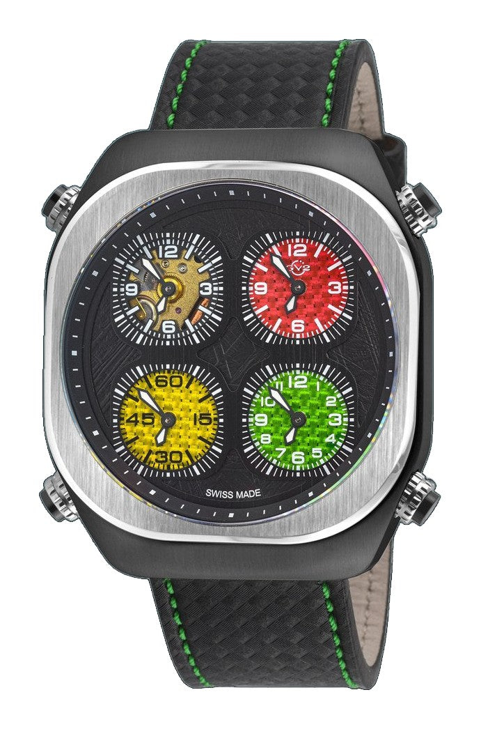 Quattro Zone GV2 Swiss Quartz, 316L Black Case, Silver Bezel, Black dial, Sub Dials, Black Italian Leather Strap Black Dial