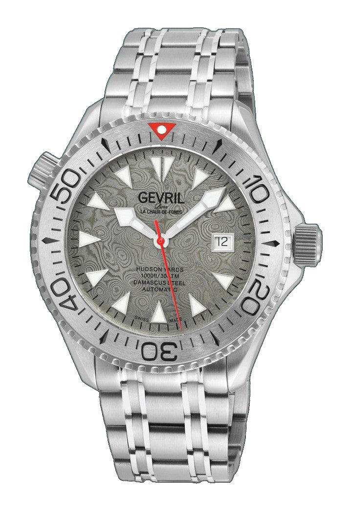Hudson Yards -Damascus Swiss Automatic SW200-1 - Damascus Steel Gray Dial,  Unidirectional Rotating Bezel Gray Tungsten, 316L | Silver Dial