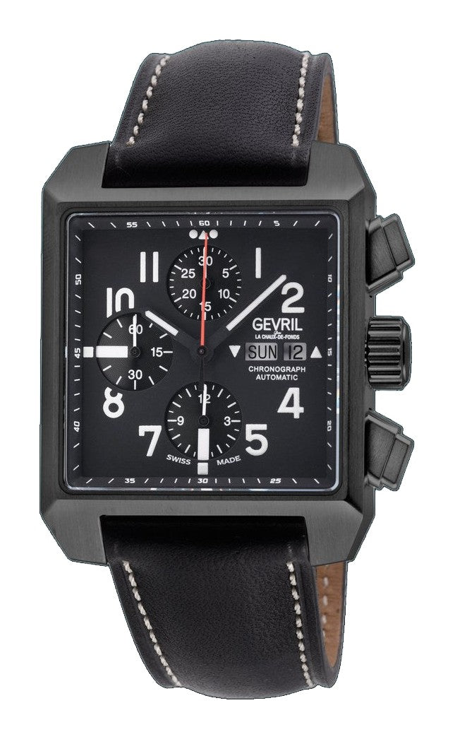 Herald Square Chronograph Gevril ETA7750 Chrono, SS/IPBLK Case, Black Dial, Italian Leather Strap | Black Dial