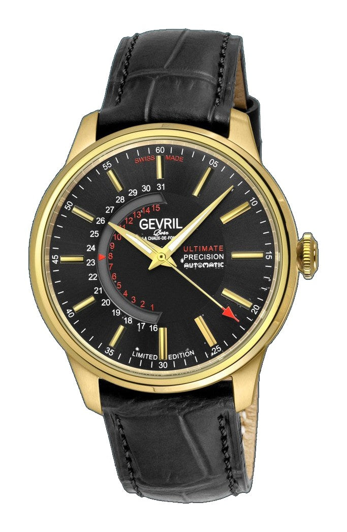Guggenheim Gevril Men's Guggenheim Automatic IP Gold, Case, Black Dial, Genuine Italian Handmade Black Leather Strap with Black Stitching. | Black Dial