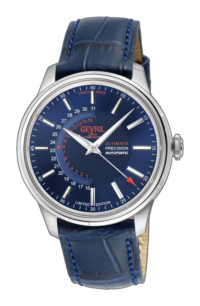 Guggenheim Gevril Men's Guggenheim Automatic 316L Stainless Steel Blue Dial, Genuine Italian Handmade Blue Leather with blue Stitching Strap. | Blue Dial