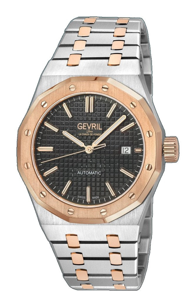 Gotham Swiss Automatic Movement, Black Embossed Dial, Two toned SS/IPRG Bracelet | Black Dial