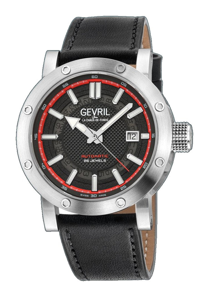 Flat Iron Swiss Made Automatic, 42mm Stainless Steel, Black Dial, Black Italian Leather Strap | Black/Red Dial