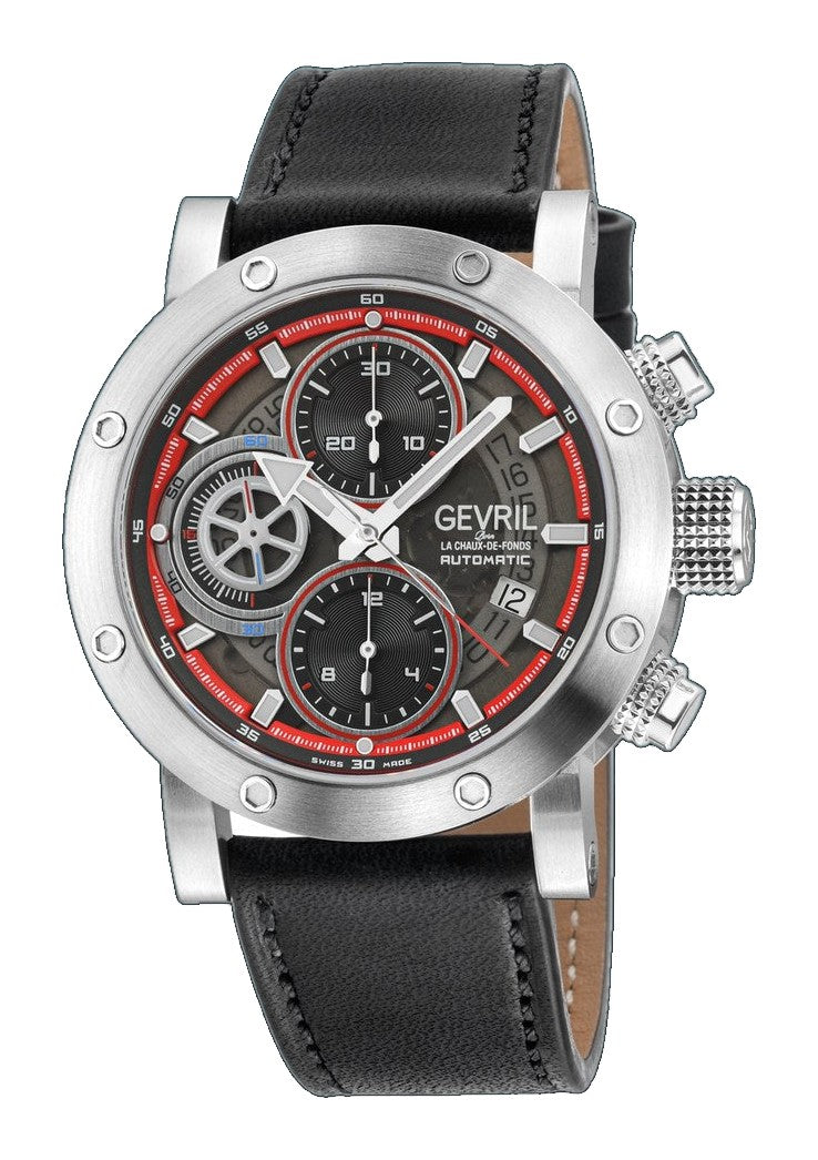 Flat Iron - Chronograph Swiss Made Automatic Chronograph, 42mm Stainless Steel, Black Dial, Black Italian Leather Strap | Black/Red Dial