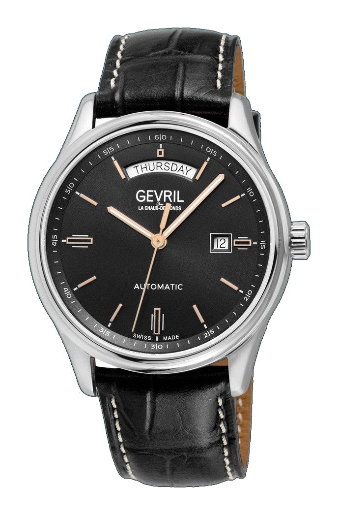 Excelsior Swiss made Automatic Sellita SW240, Day Date Black Dial,  Black Italian Handmade Leather Strap | Black Dial
