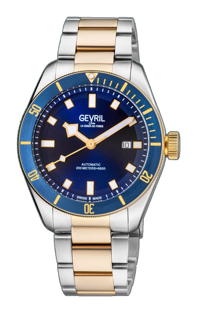 Yorkville Gevril Yorkville Blue Dial Sellita SW200 Swiss Automatic Unidirectional Rotating Bezel Two Tone Bracelet Luminous Watch | Brown Dial