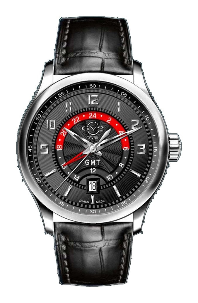 Giromondo GV2 By Gevril Mens Giromondo Stainless Steel Case Black Dial Swiss Quartz Black Calfskin Leather GMT Date Watch | Black Dial
