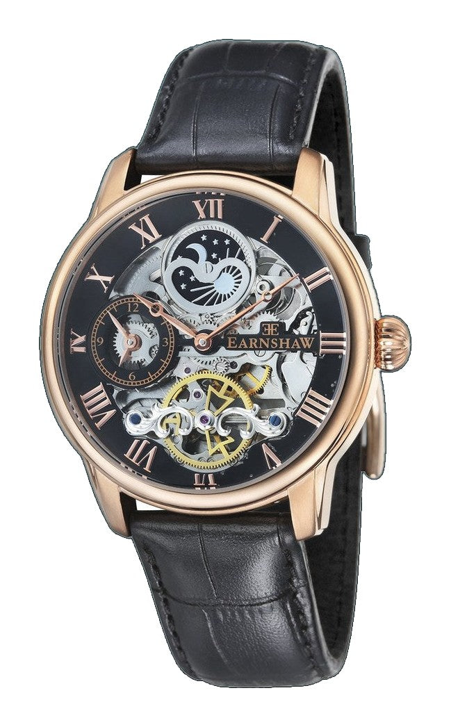 Longitude Automatic Skeleton Watch Black, Genuine leather strap | Semi-transparent Dial