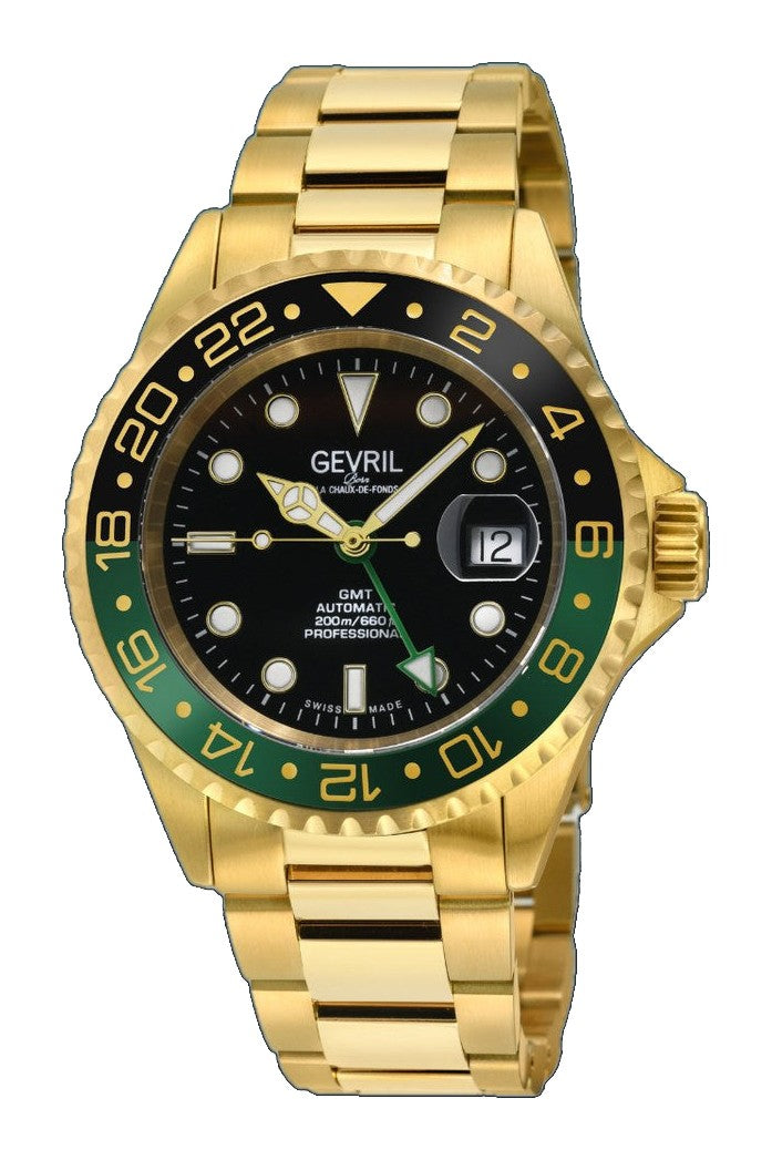 Wall Street Gevril Swiss Made SW330 IPYG Steel Rotating Bezel watch, Gold bezel, Black dial | Black Dial