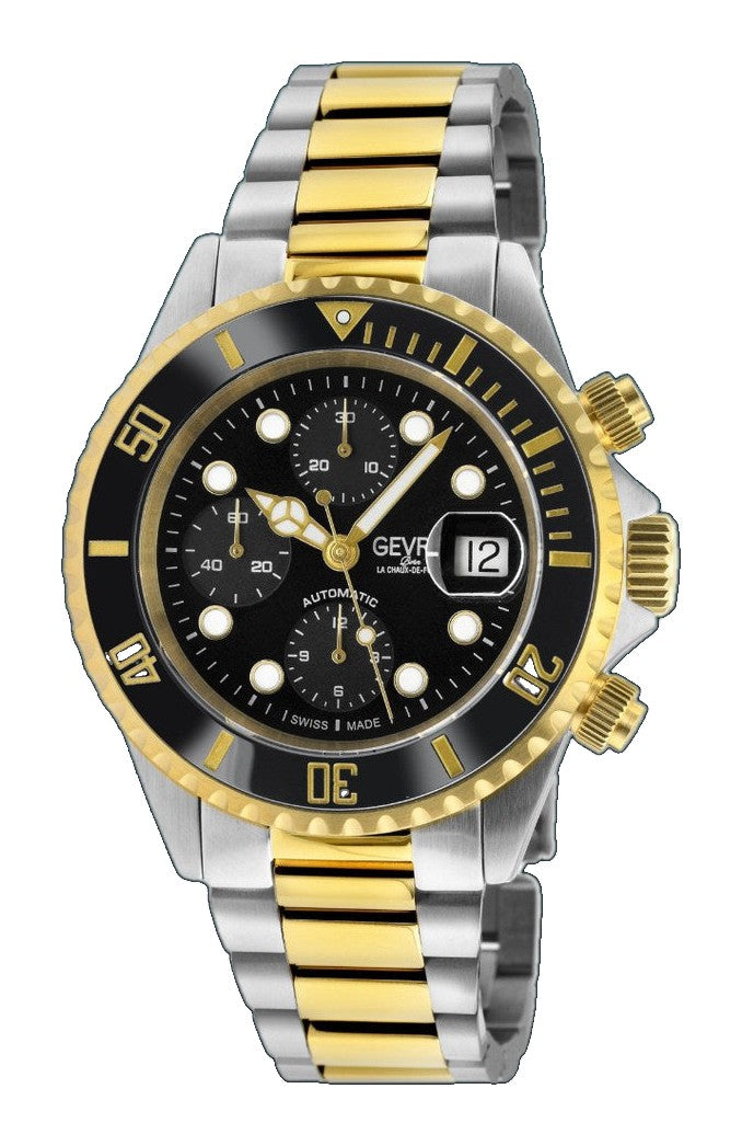 Wall Street Swiss Automatic Chronograph SW500 Black Ceramic Bezel Divers Watch two tone | Black Dial