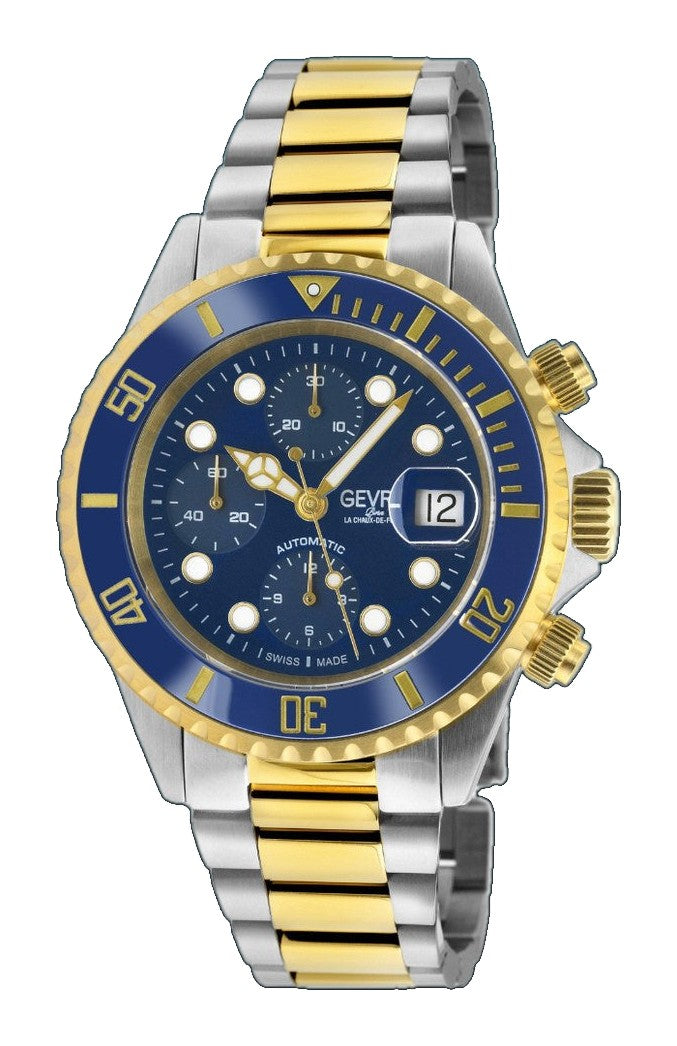 Wall Street Swiss Automatic Chronograph Sellita SW500 Blue Ceramic Bezel Divers Watch two tone | Blue Dial
