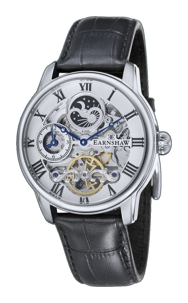 Longitude Automatic Skeleton Watch Silver White & Black / Genuine leather strap Silver Dial