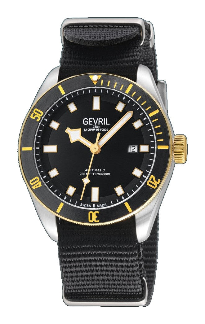 Yorkville Gevril Men's Yorkville Black Dial Sellita SW200 Swiss Automatic Rotating Bezel Two Tone Bracelet Date Luminous Watch Nato strap | Black Dial