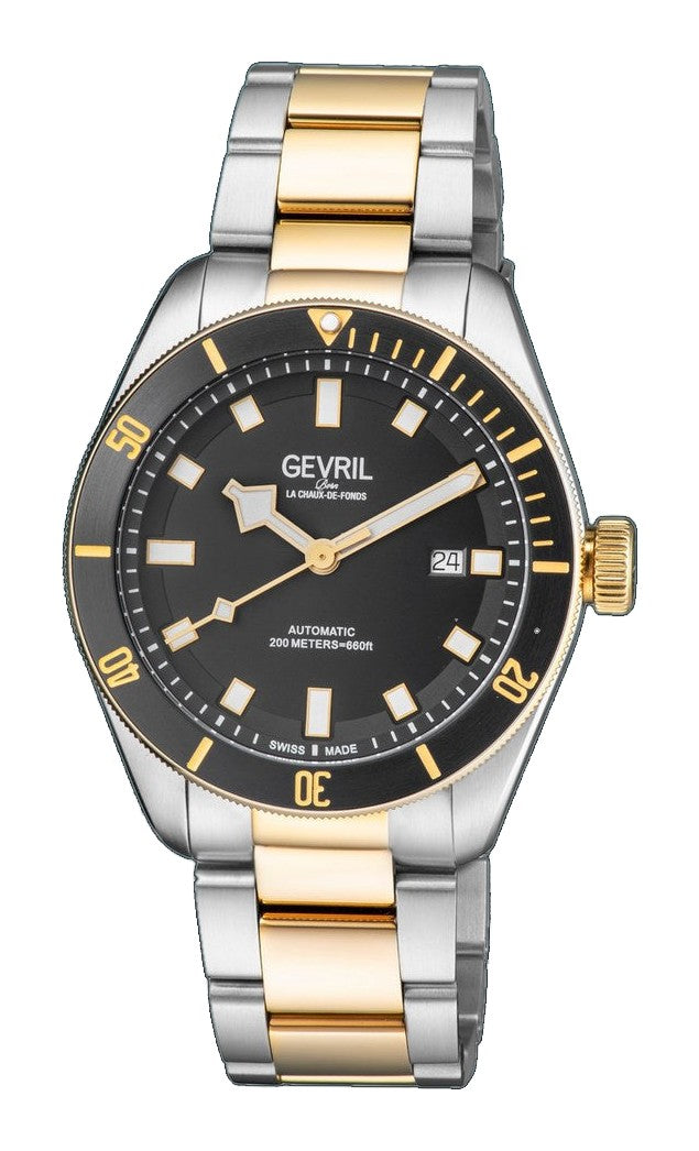 Yorkville Gevril Men's Yorkville Black Dial Sellita SW200 Swiss Automatic Unidirectional Rotating Bezel Two Tone Bracelet Date Luminous Watch | Black Dial