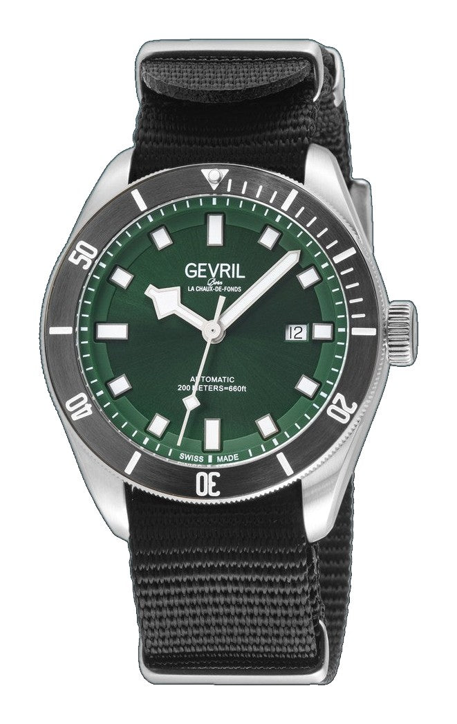 Yorkville Gevril Men's Yorkville Green Dial Sellita SW200 Swiss Automatic Rotating Bezel Bracelet Date Luminous Watch Nato Strap | Green Dial