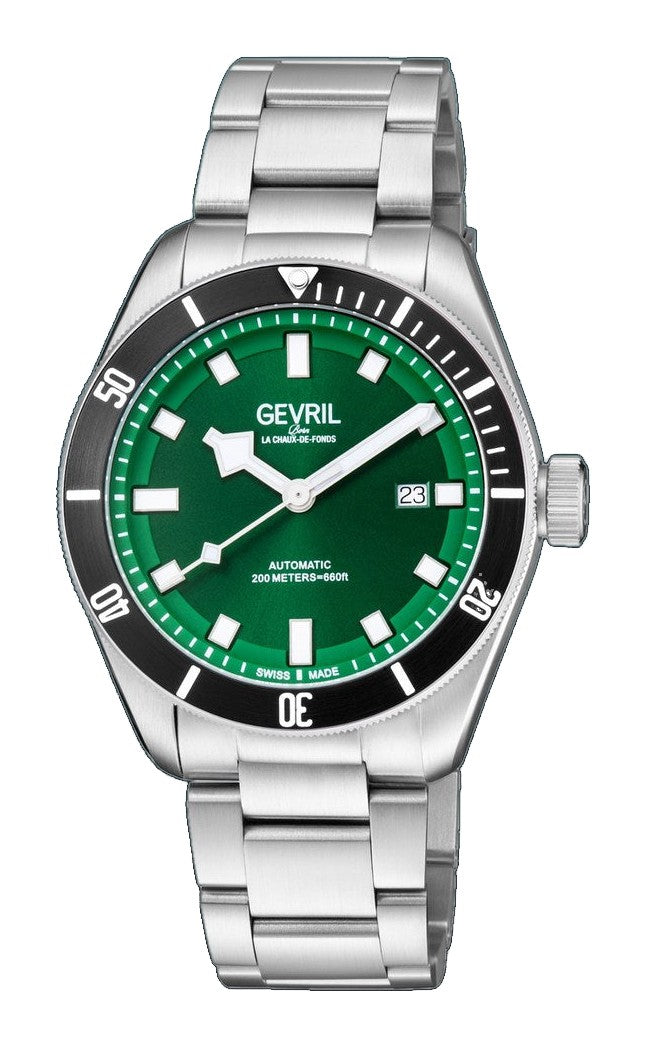 Yorkville Gevril Men's Yorkville Green Dial Sellita SW200 Swiss Automatic Unidirectional Rotating Bezel Date Luminous Watch | Green Dial